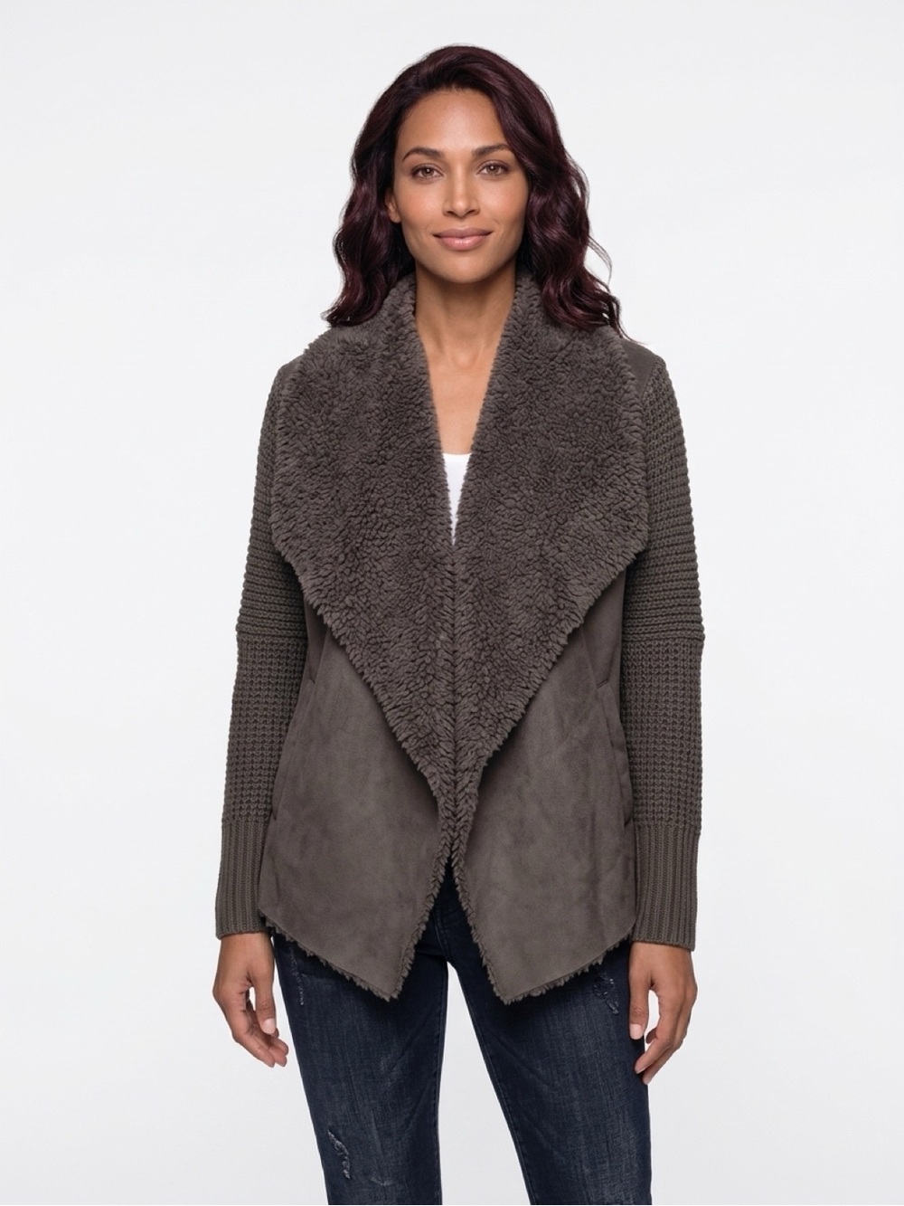 Grace Elements Plush Draped Teddy Jacket in Charcoal Brown